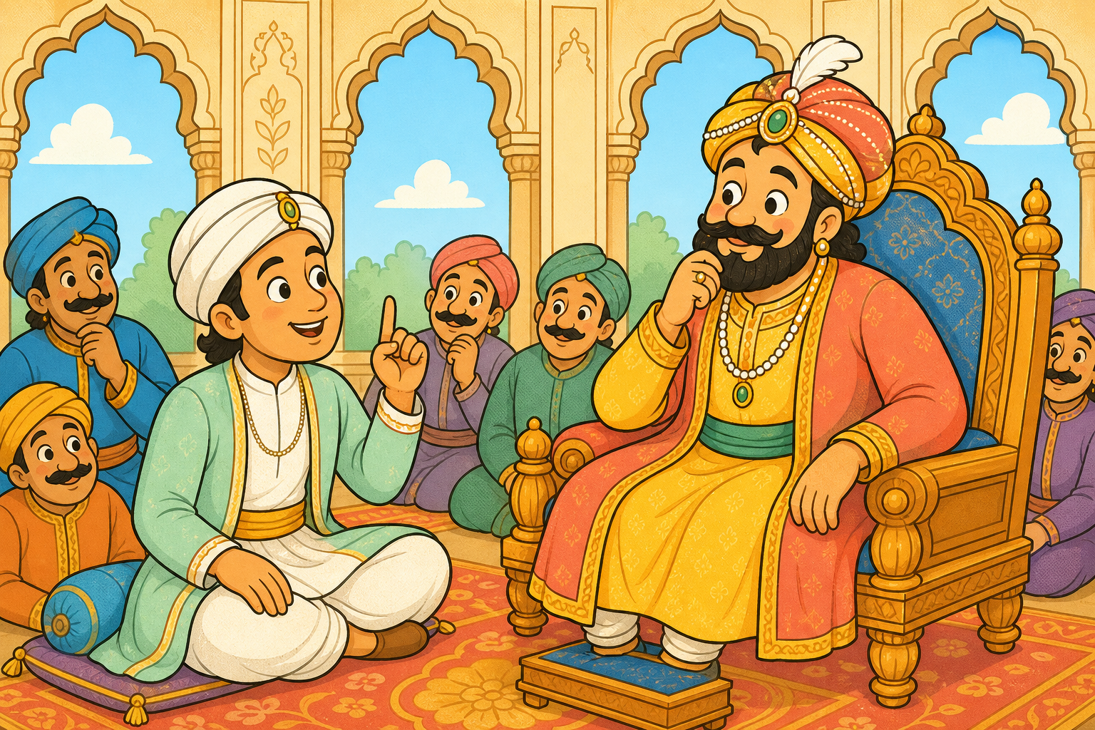 Birbal sits cross-legged with a wise finger raised, mid-clever-explanation, while Emperor Akbar listens amused from his ornate throne. Courtiers in the warm Mughal palace look on.