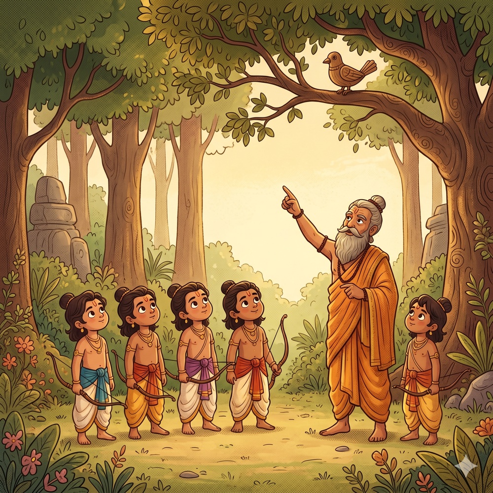 Sage Drona in saffron robes points up toward a small bird perched on a tree branch. Five young princes stand below holding bows, looking up.