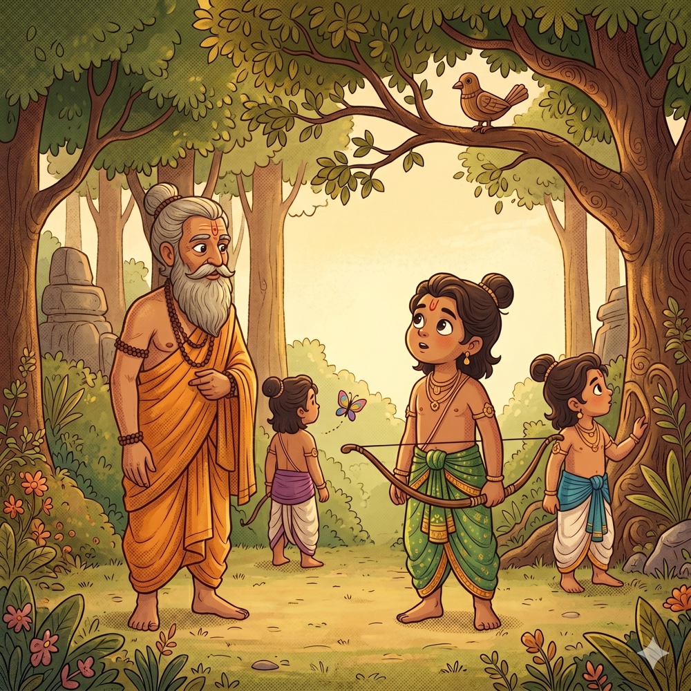 Drona stands in a forest with young princes. One prince looks at a butterfly, another at the trees. A bird sits on a branch above.