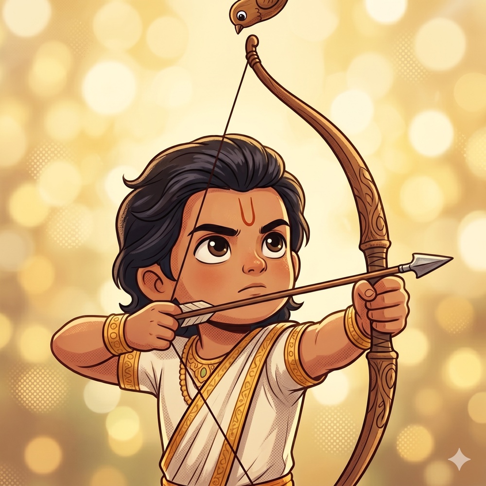 Young Arjuna in white and gold draws his bow with complete focus. A small wooden bird is visible at the top of the frame.