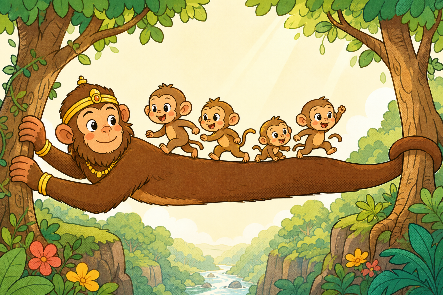 A kind-faced monkey king stretches his body between two trees over a forest gorge, while smaller monkeys run safely across his back.