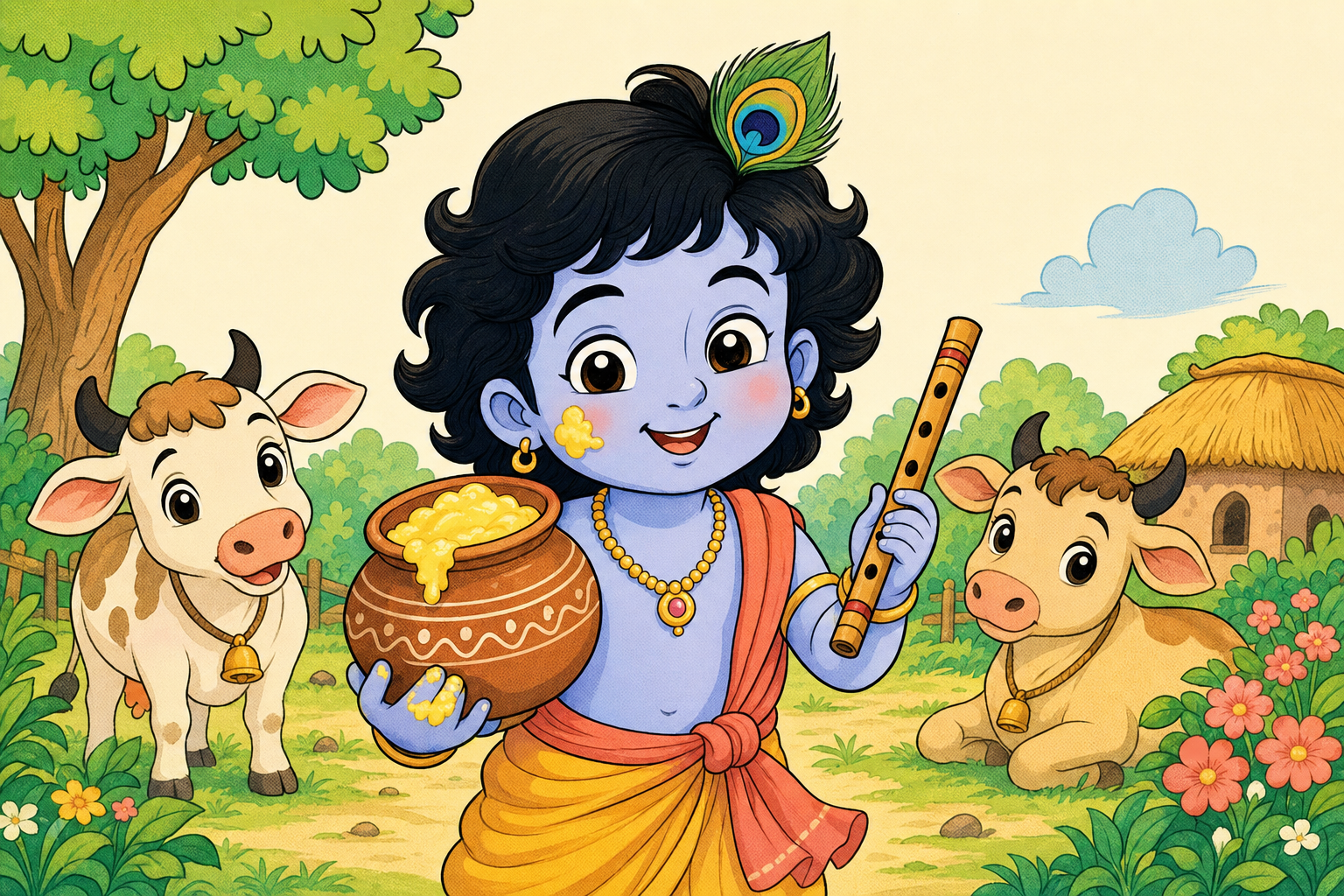 Young child Krishna with a peacock feather in his hair, a small clay pot of butter in one hand and a wooden bamboo flute in the other, smiling mischievously between two friendly cows.