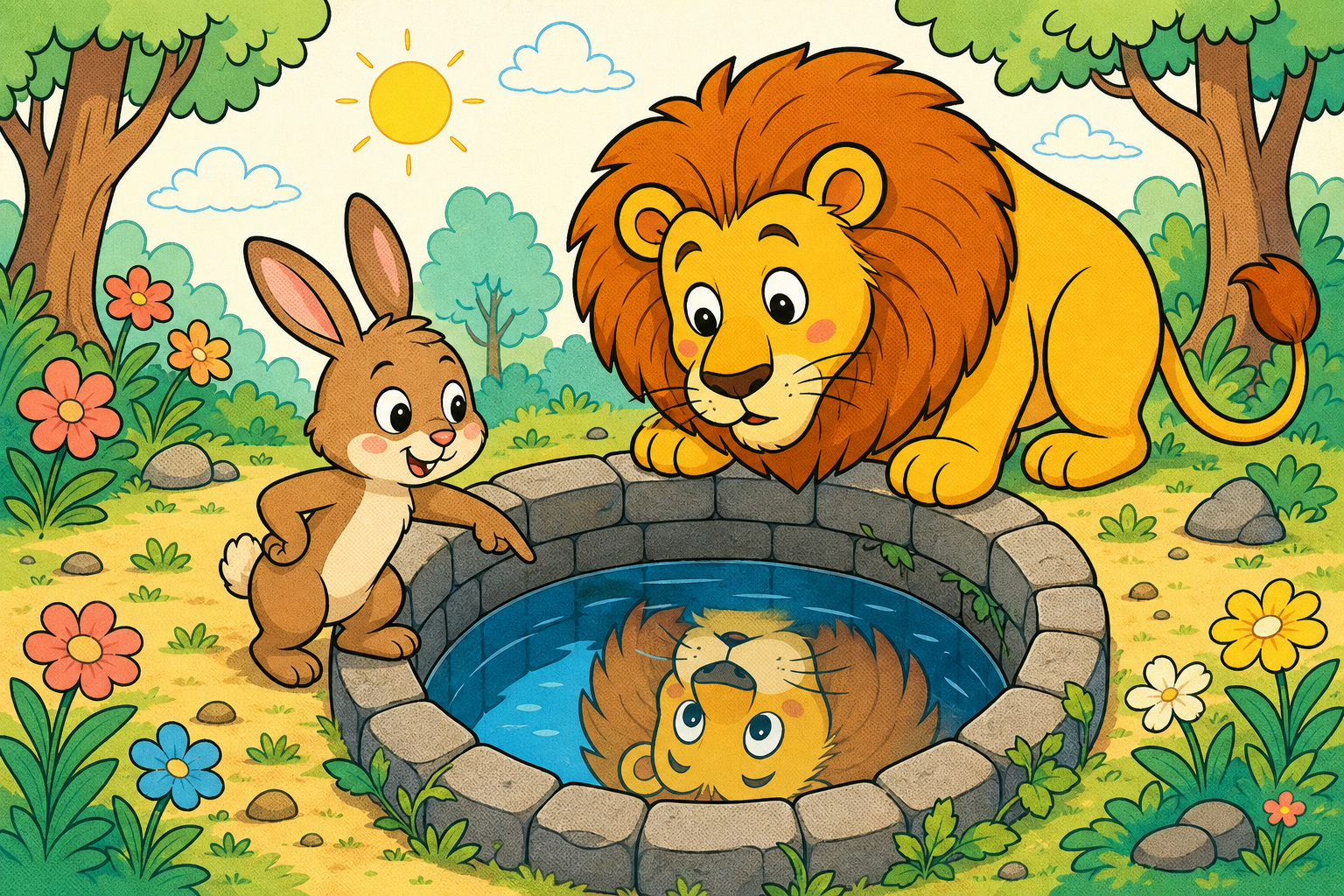 A small clever rabbit points into a stone well in a sunny forest, while a curious golden lion peers down at his own reflection in the water below.