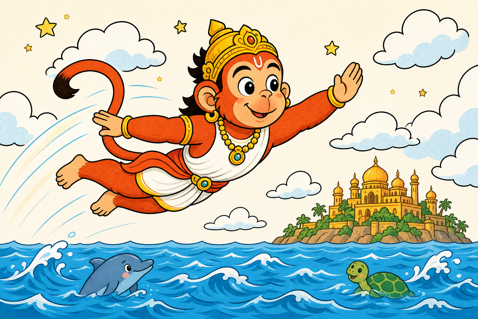 Hanuman the monkey god mid-leap above a blue ocean, arms outstretched in a joyful flying pose, with the golden domes of Lanka visible in the distance and friendly sea creatures swimming below.