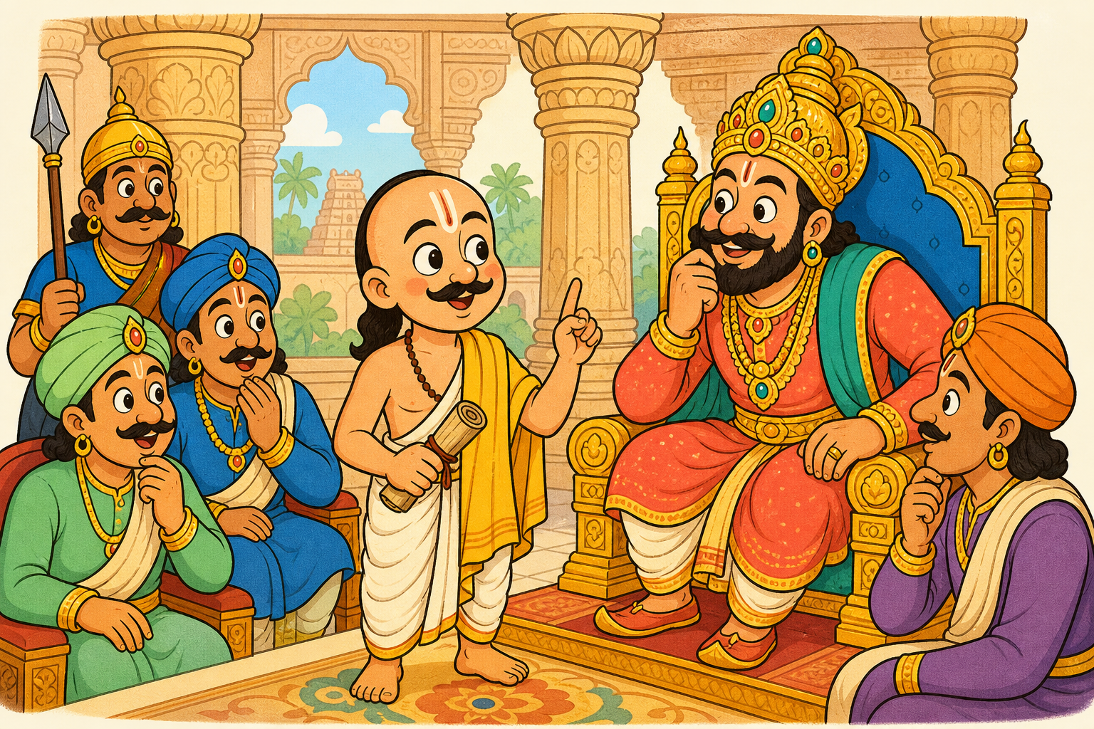 Tenali Rama stands in the court of King Krishnadevaraya holding a palm-leaf scroll, gesturing wisely with a clever expression. The king and courtiers listen, amused.