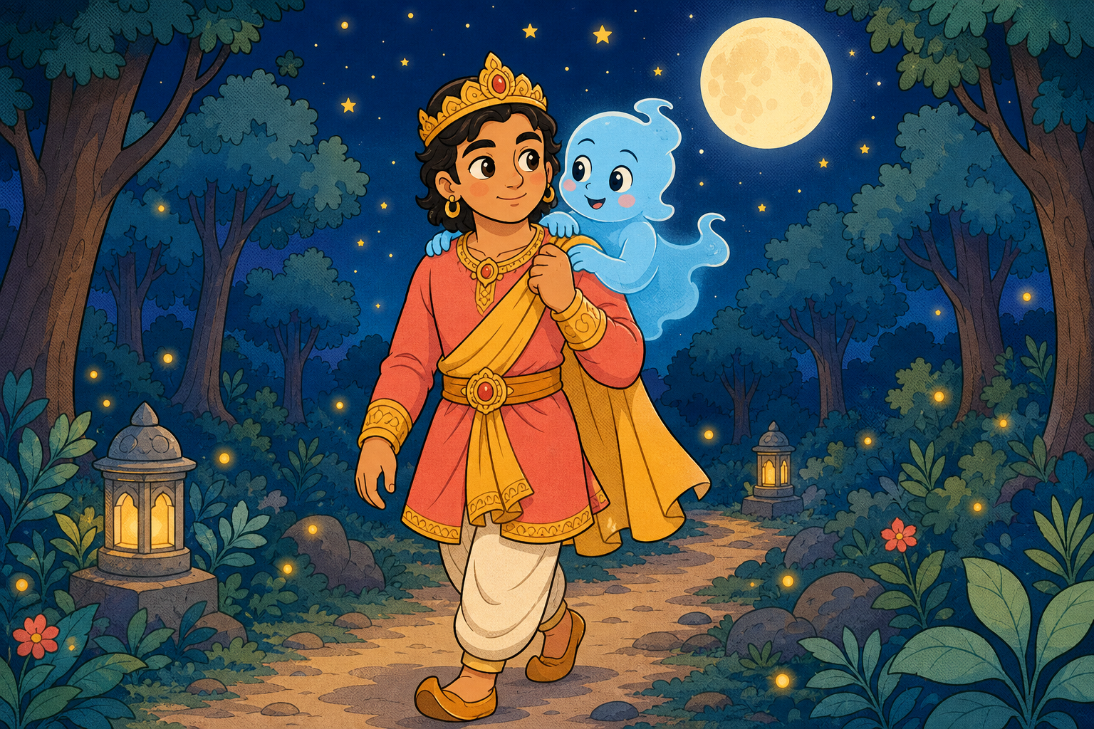 Young King Vikramaditya walks a moonlit forest path carrying a small friendly blue ghost-spirit Betal on his shoulder, with fireflies, a full moon, and gentle lanterns lighting the way.